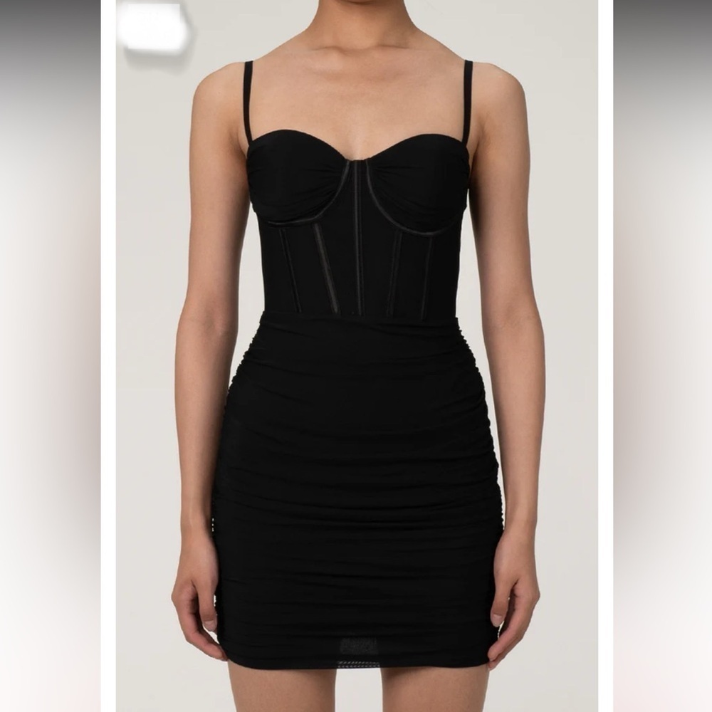 ROSEDRESS CLASSIC RUCHED BODYCON MESH MINI CORSET DRESS - BLACK SIZE SMALL
